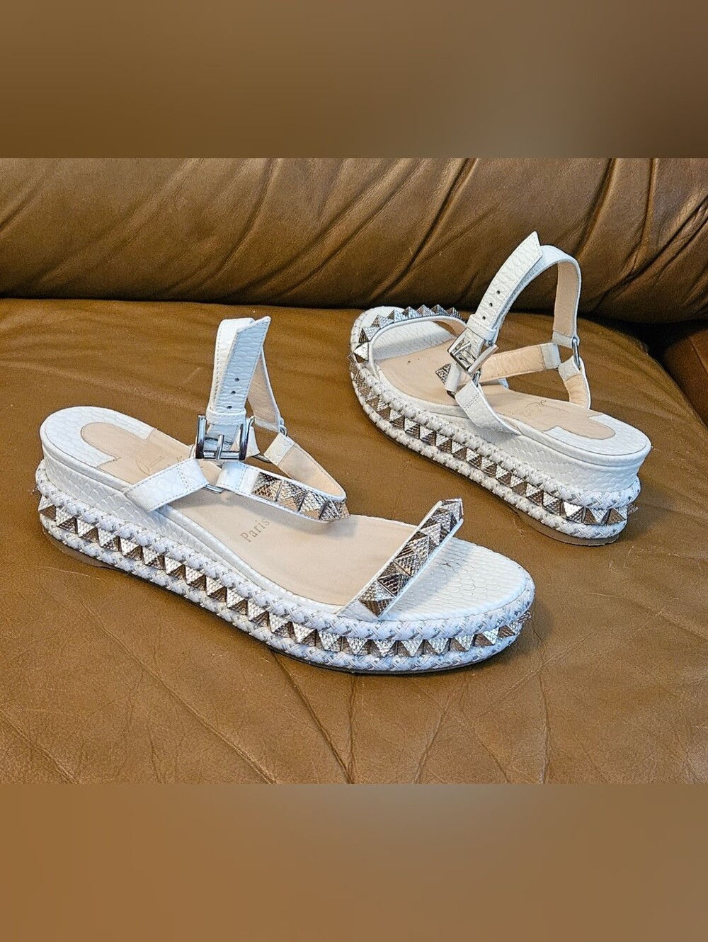 Christian Louboutin Metallic Gold White Leather Studded Sandals Size 6 US